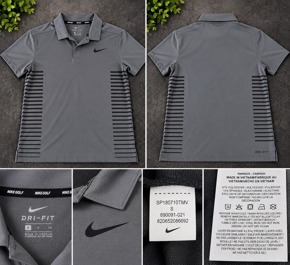 Nike Golf Mens S Gray Dri-FIT Performance Polo Shirt Striped Sides Swoosh